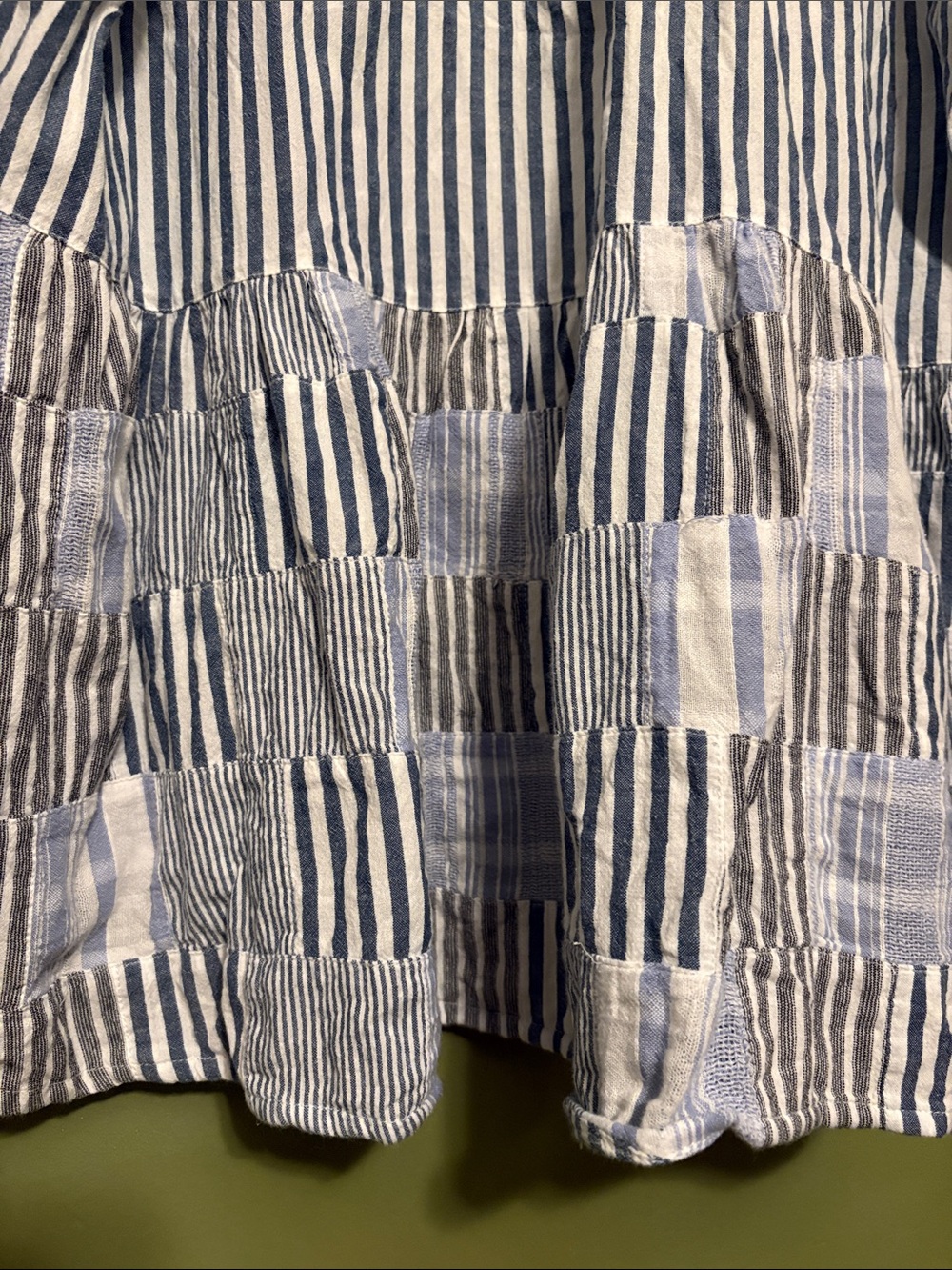 Anthropologie Blue and White Patchwork Stripe Button V-Neck Blouse - Picture 4 of 5